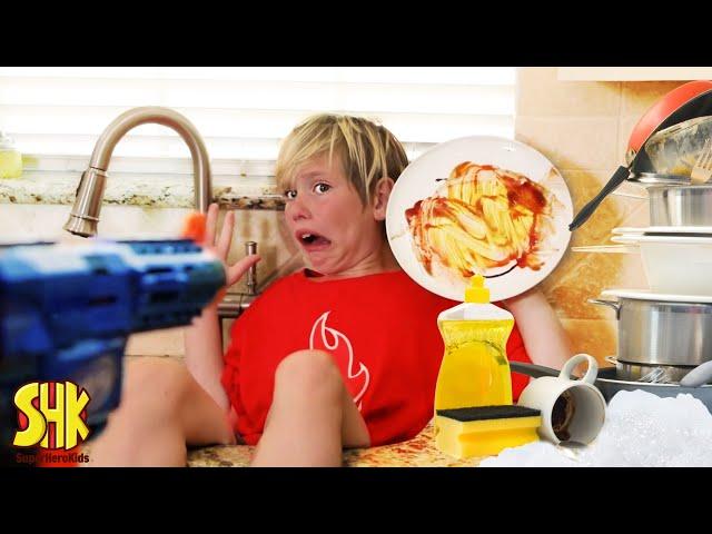 Kids Chores Dish Duty Battle! SuperHeroKids Funny Family Videos Compilation