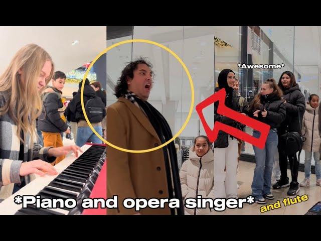 A famous OPERA SINGER  and a FLUTE join piano girl in a MALL 