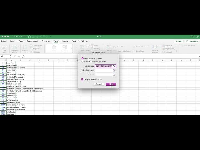 Filter for Unique Values in Excel Mac