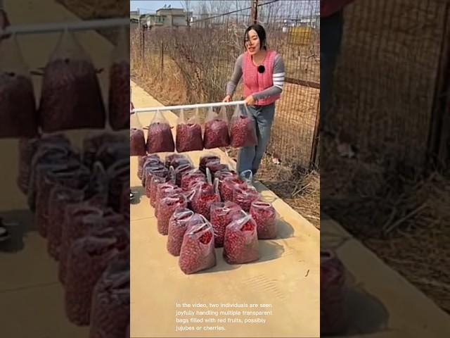 Handling multiple bags filled with red jujubes or cherries