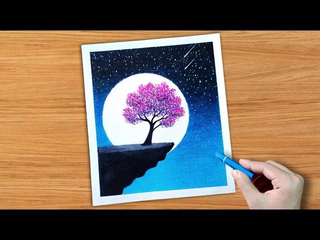 Drawing with oil pastel / Moonlight night scenery drawing #shorts