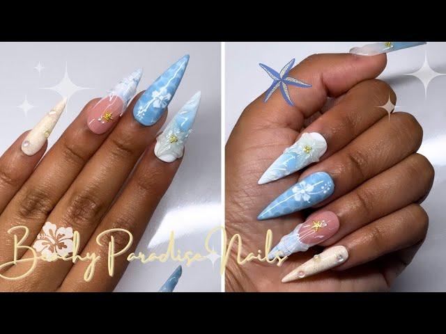 Tropical Beach Press On Nails| Textured Seashell Nails | Water Effect Tutorial!