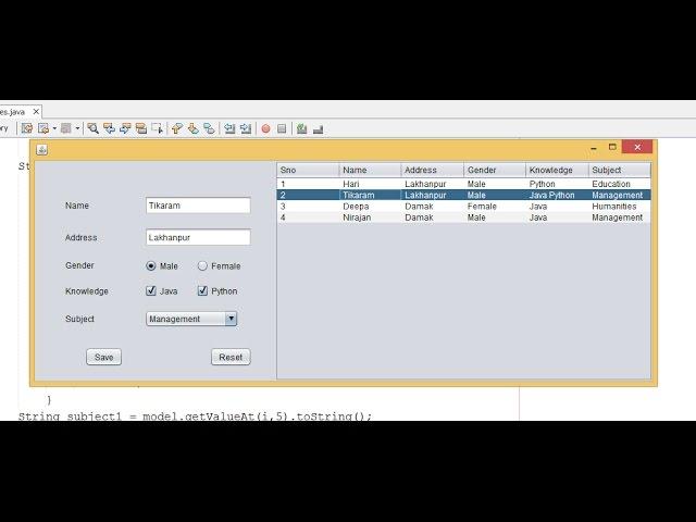 Display Selected Row Values From JTable Into JTextfields | radiobuttons | checkbox in Java