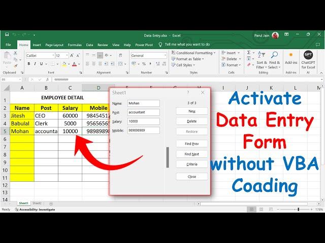 Activate Automatic Data Entry Form in Excel | Excel Data Entry Tricks | Data Entry Form in Excel