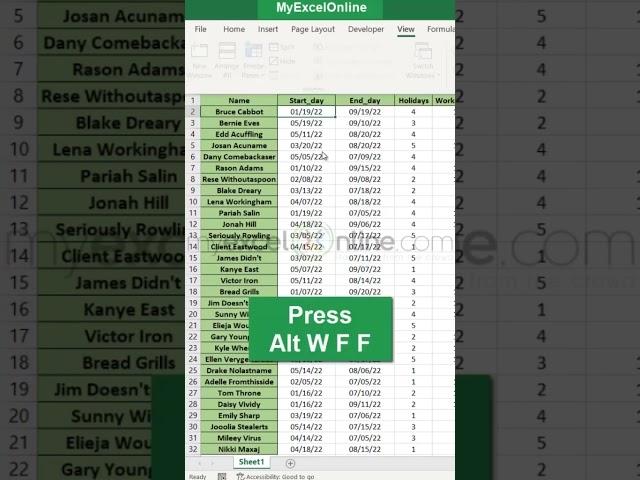 Freeze Rows and Columns  #excel #msexcel #myexcelonline #shorts