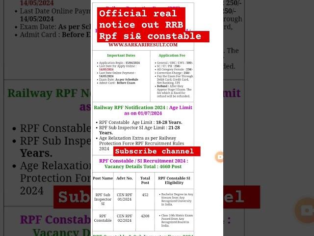 official real notice out RRB RPF SI & CONSTABLE #viral #out