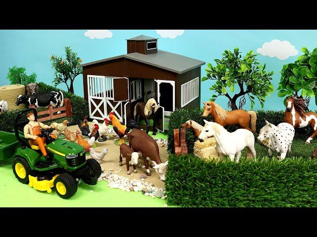 Farm Field Scenery with Barn Animal Figurines - Horses Cows Chicken