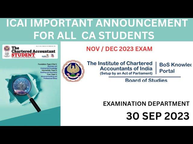 icai bos knowledge portal important announcement for all ca students for nov dec 2023 exam