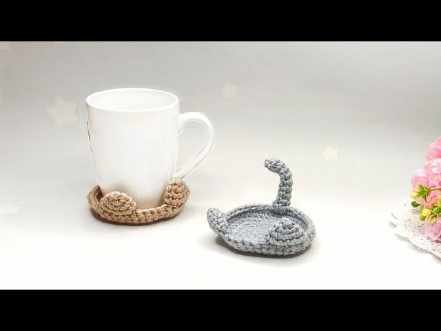 Crocheted mug stand. Crochet cat detailed master class. Symbol of the year