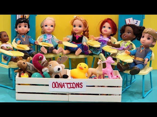 Toys for tots ! Elsa & Anna toddlers - Barbie - school classmates - gifts for poor kids