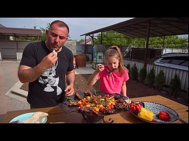 GRILLED MEAT with VEGGIES on a FRYING PAN