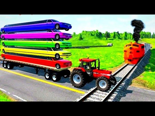 Big and small: Tractor vs train Crash test 055 - Double Flatbed Trailer Truck Vs Speedbumps - Chotu