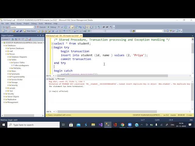 Stored Procecure, Transaction processing, Exception handling   SQL Server