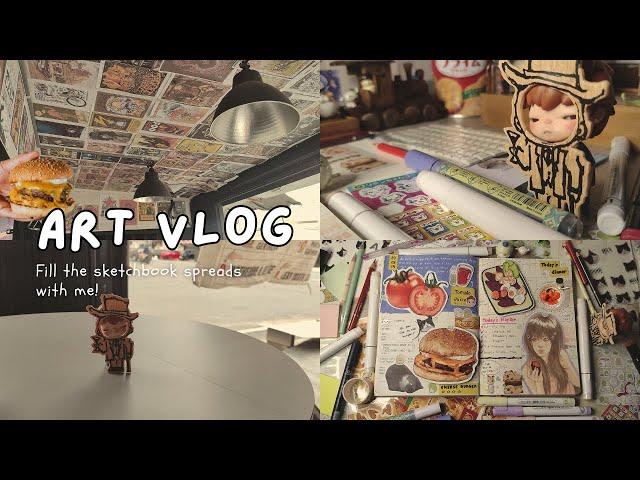 ART VLOG  fill the sketchbook spreads with me 