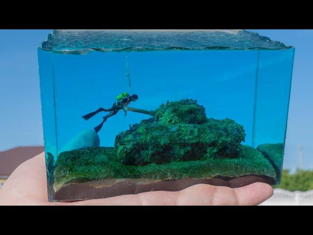 Diorama tank Sherman under water. Epoxy underwater diorama.