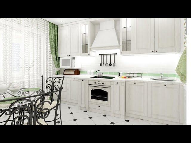 Interior design of a white kitchen in Provence style