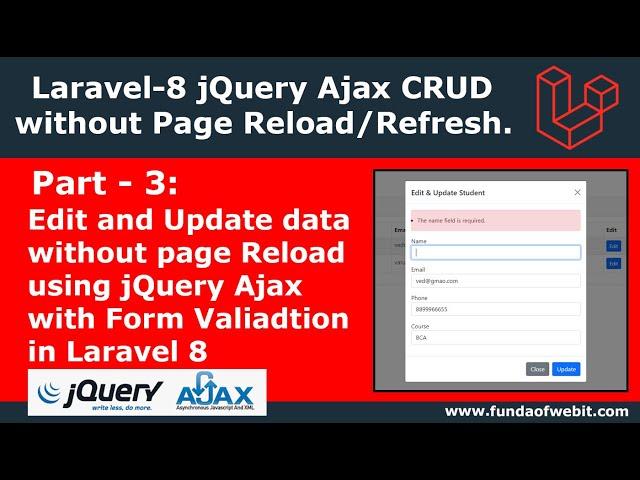 Laravel Ajax CRUD-3: Edit and Update data without page Reload using Ajax Laravel 8 with Validation