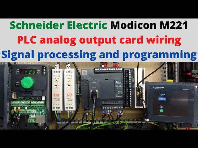 Schneider Electric Modicon M221 PLC analog output card wiring, signal processing and programming.