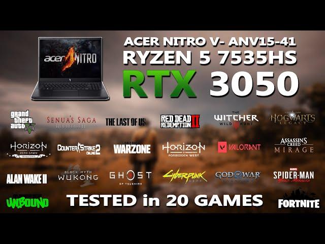 ACER NITRO V- Ryzen 5 7535HS + RTX 3050 6GB Gaming Benchmark Test | Tested in 20 Games |