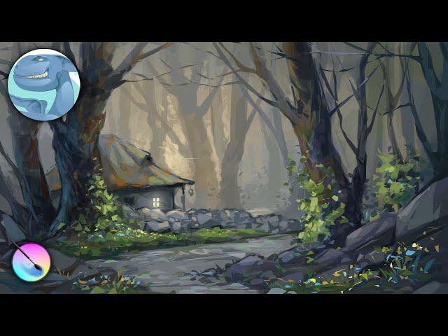 Landscape with an old forest house - Digital painting in Krita