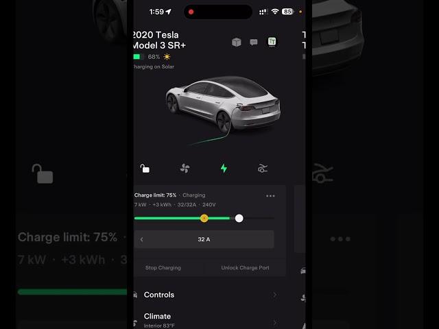 My first time seeing Tesla's Charge on Solar in action, shoving a full 32A into our Model 3 SR+!