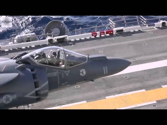 AV-8B Harrier Jump Jets Landing & Takeoff On Amphibious Assault Ship