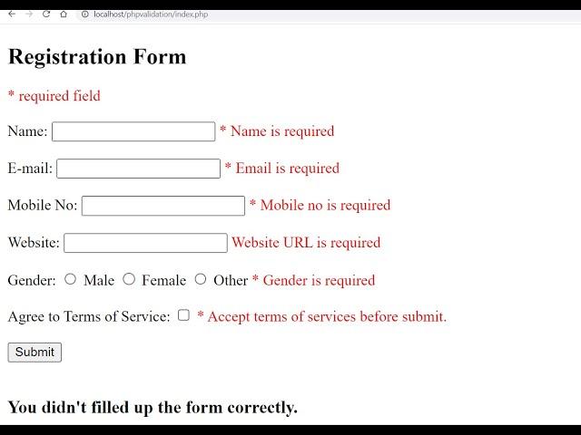 PHP 7 Registration Form Validation Example to Display Error Messages & Validate HTML5 User Fields