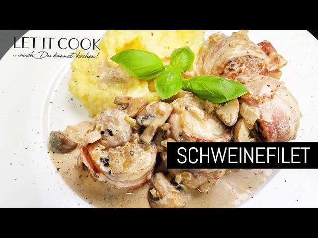 Schweinefilet im Speckmantel mit Rahmsauce mit Pfeffer Pilz Rahm und Kartoffelpüree