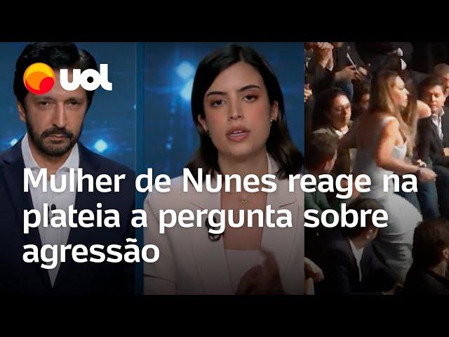 Tabata Amaral questiona Nunes sobre violência doméstica e esposa dele grita na plateia do debate