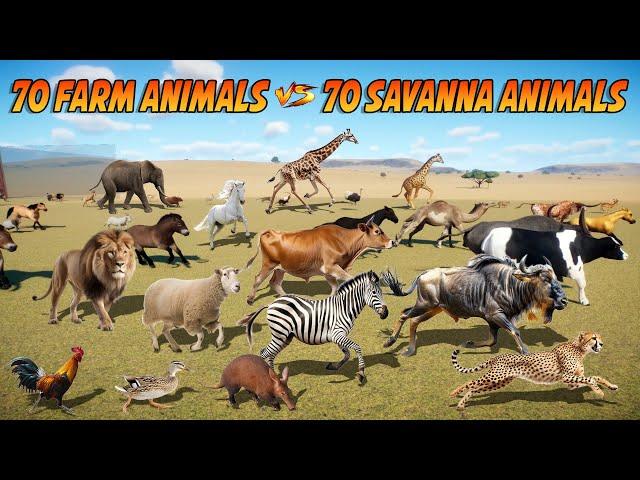 70 Farm Animals VS 70 Savanna Animals Race in Planet Zoo included Elephant, Lion, Cow, Sheep, Horse