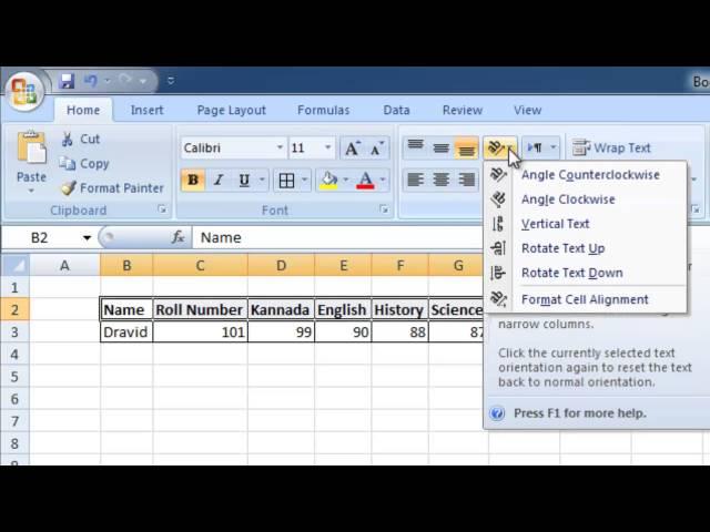 MS-Excel 2007 - Orientation, Wrap Text, Merge & Center