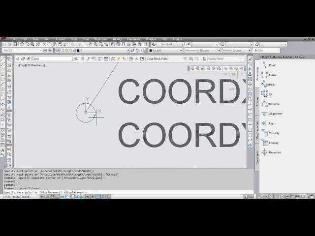 The creation of dynamic block "leader with the coordinates" (stretch, flip, visibility)