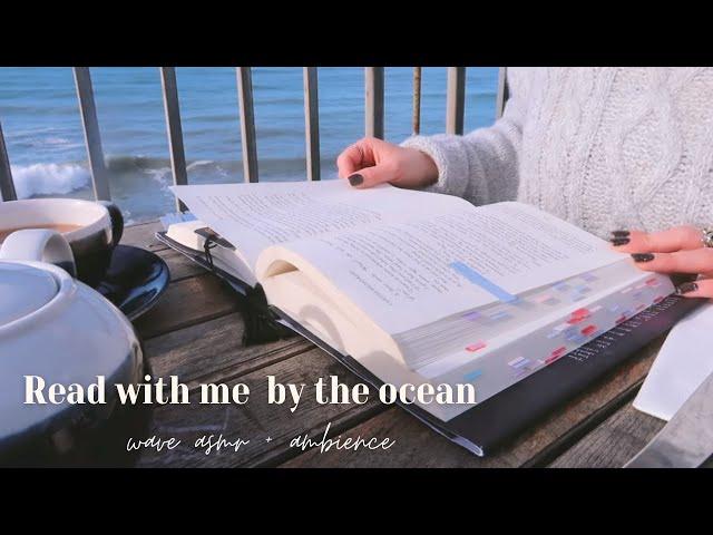 cozy beach cafe read with me ️️ with ocean wave sounds ~ asmr and ambience 