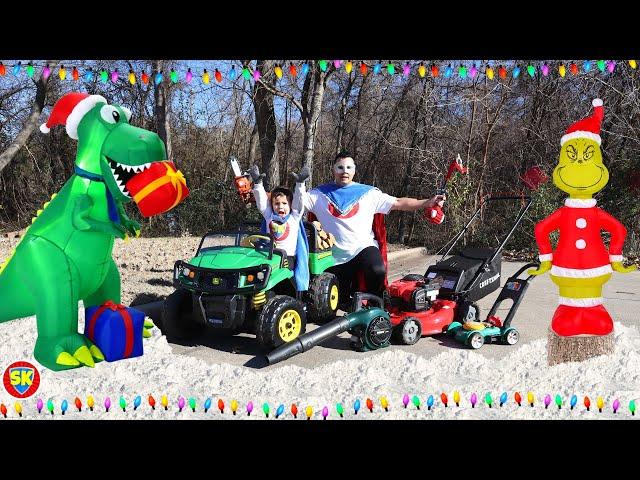 Fixing holiday lights with our lawn mower, chainsaw, leaf blower and weed eater | Mowers for kids