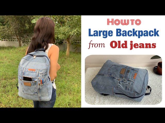 how to sew a large backpack tutorial from old jeans.sewing a large backpack turorial from old jeans.