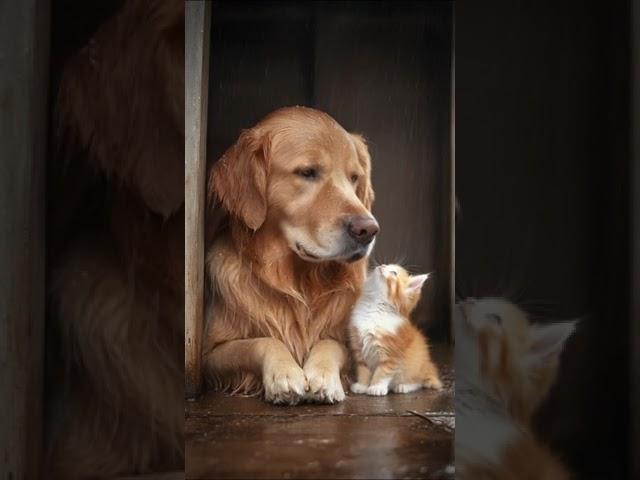 This Golden Retriever Adopts Tiny Kitten During Rainstorm!