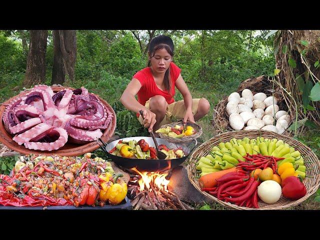 Top videos survival cooking, Fresh chili and Duck egg for jungle food, Octopus salad for food