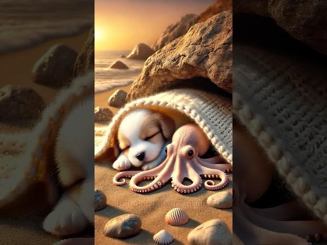 Cute puppy ️rescues poor little octopus  #shorts #shortsfeed #cute #ai #cat #kitten #puppy