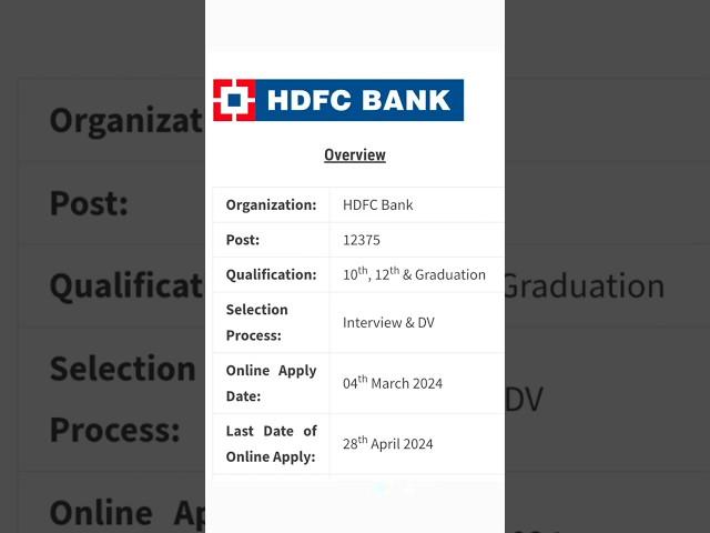 HDFC Bank Recruitment 2024 #shorts job All Over India