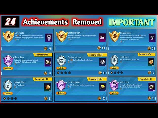 New Pubg Mobile Achievements List | 24 Achievements Removed in PUBG MOBILE