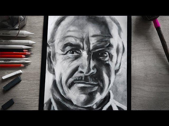 (1 Hour) No Taking ASMR Drawing of Sean Connery (Charcoal Pencils)