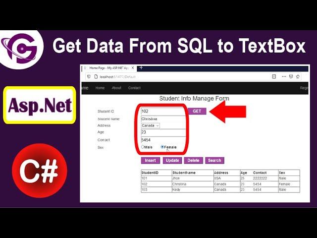 Get Data from SQL Server to TextBox, Dropdown and RadioButton in Asp.Net c#.