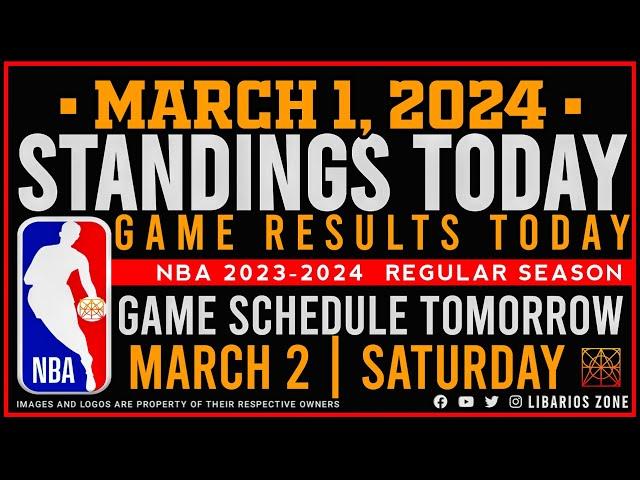 NBA STANDINGS TODAY as of MARCH 1, 2024 |  GAME RESULTS TODAY | GAMES TOMORROW | MAR. 2 | SATURDAY