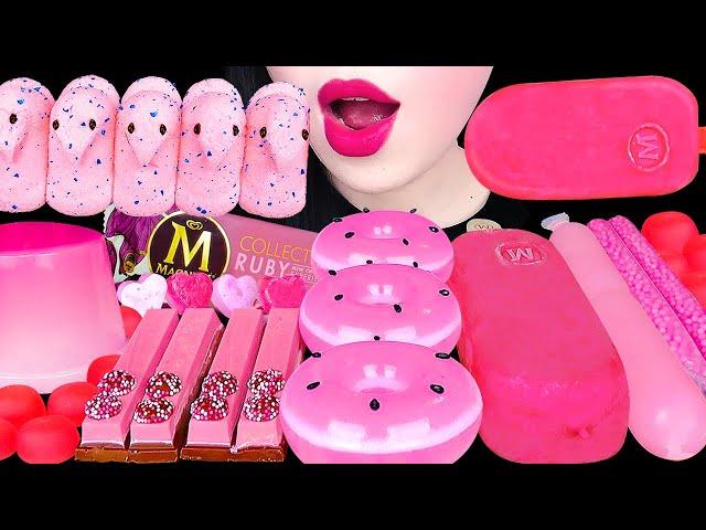 ASMR PINK DESSERTS *HOT PINK DONUT, MAGNUM ICE CREAM, PEEPS MARSHMALLOW, CUP JELLY EATING MUKBNAG 먹방