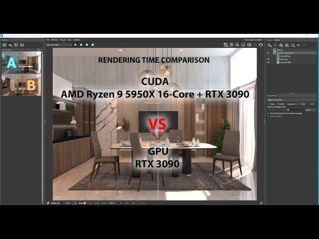 VRay 5 Rendering time comparison. -  GeForce RTX 3090 VS AMD Ryzen 9 5950X 16-Core + RTX 3090