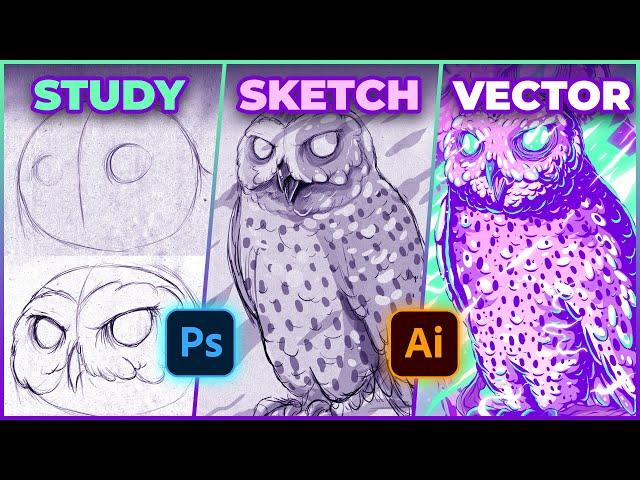 Snowy Owl Illustration Process - Sketching on Photoshop & Coloring on Adobe Illustrator - Speed Art