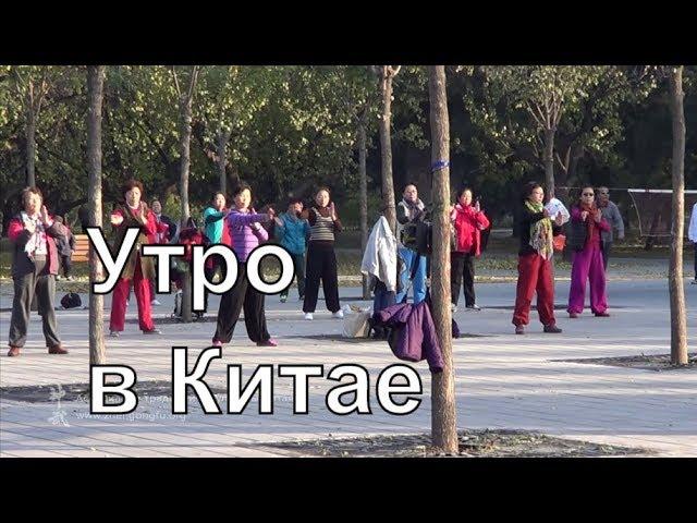 Morning exercise in China A large group of people synchronously train in the morning in the park of