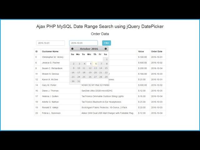 Ajax PHP MySQL Date Range Search using jQuery DatePicker