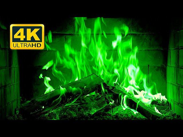  Halloween Fireplace 4K (12 HOURS). Green Fireplace with Crackling Fire Sounds