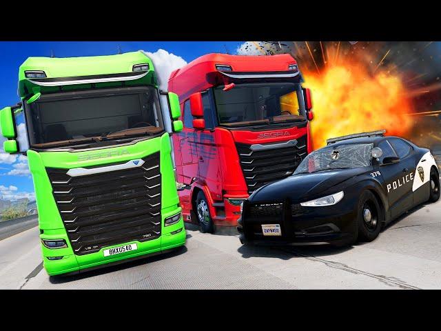 Jumping Cars Out of a Semi to ESCAPE the Police in BeamNG Drive Mods!